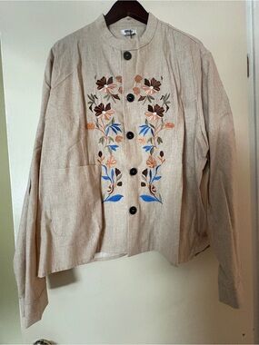 Beige Embroidered Linen Button-Down Shirt Men’s Top